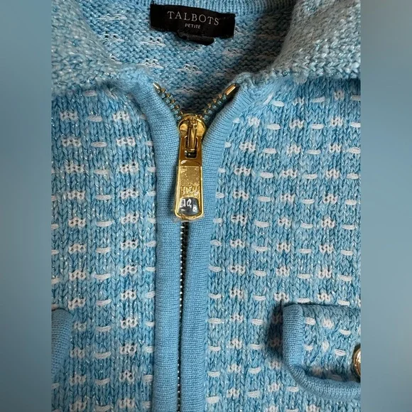 Women’s Talbots collared zip cardigan jacket light blue&white tweed size SP - Picture 8 of 10